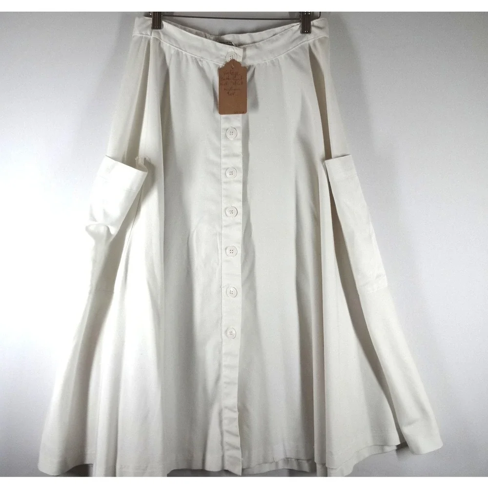 VTG Space Legs Midi Skirt Medium White‎ Button Front Pockets Cottagecore Utiity